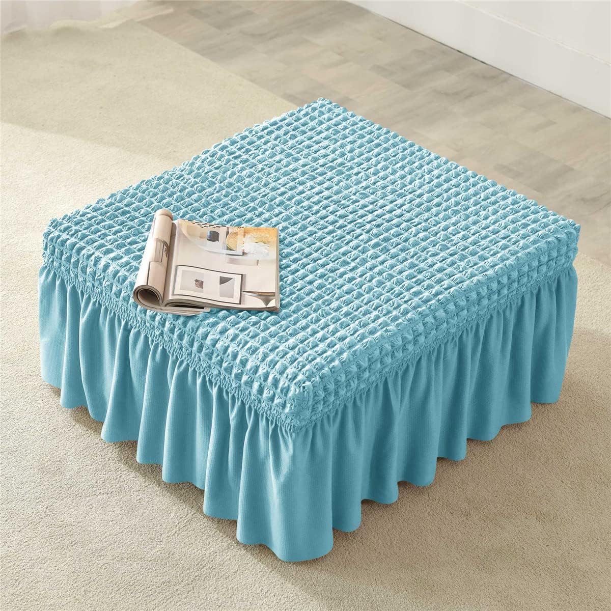 3D Bubble Lattice Rectangle Ottoman Slipcover Polyester Footstool Protector Covers with Skirt Stretch Stool Covers for Living Room and Bedroom image 2