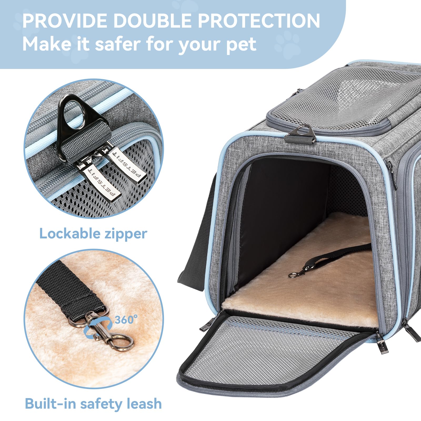 Petsfit Faltbarer Transporttasche Katze und Hund,erweiterbare Katzentransportbox mit Schultergurt Hundetragetasche Flugtasche Oxford Gewebe für Katze und Hund, M/Grau/Doppelseitig