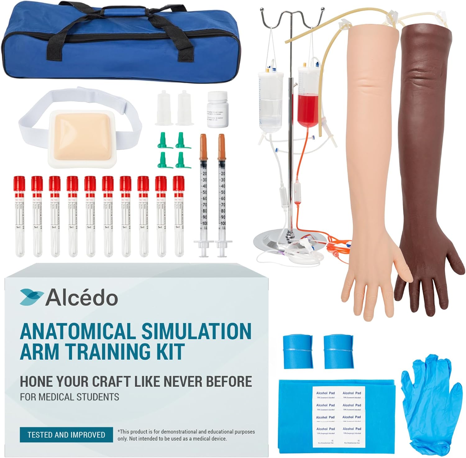 Alcedo Phlebotomy Practice Kit, Complete Venipuncture and Injection IV Practice Essentials, Realistic Training Arm with Stand & Carry Bag, Light Skin, for Medical Students & Educational Use Only