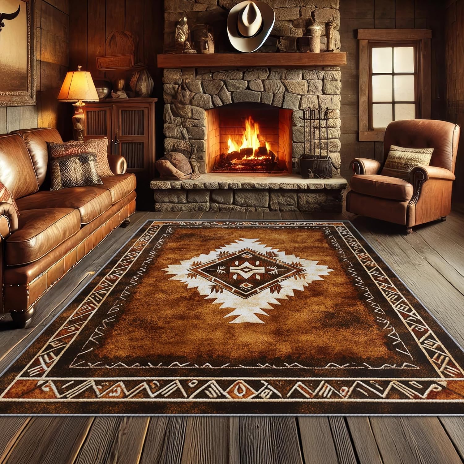 Aztec Rugs for Living Room - 2x3 Rug, Rustic Tribal Area Rug, Bohemian Farmhouse Washable Non Slip Soft Rugs, Brown Geometric Carpet, Western Navajo Home Decor, Aztec Gifts for Men