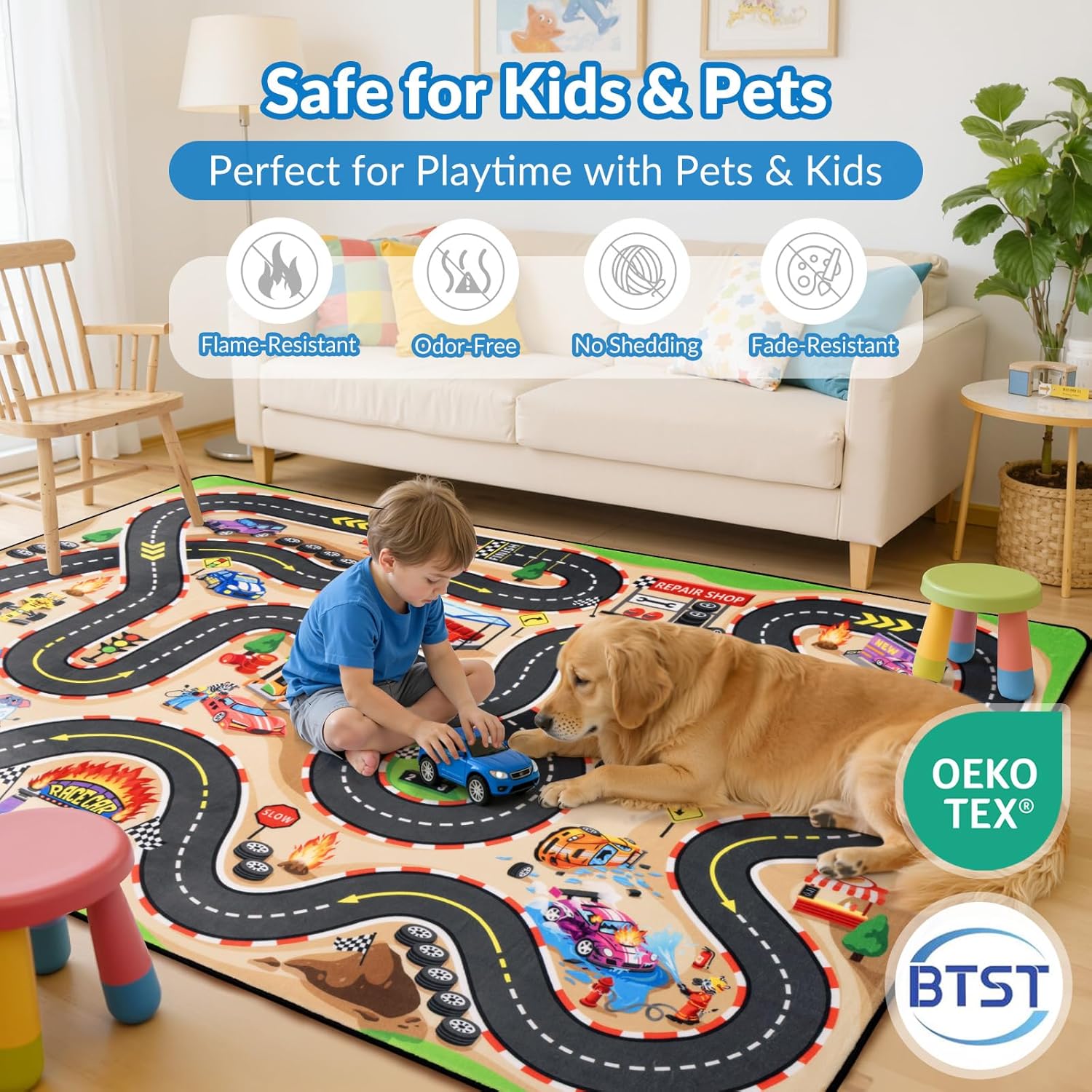 Kids Rug, Race Track Baby Play Mats, 3x5 FT Race Car Rug with 3D Cascading Surround Route, Soft & Non-Slip, Machine Washable Race Road Carpet for Kids Room, Boys Room, and Playroom