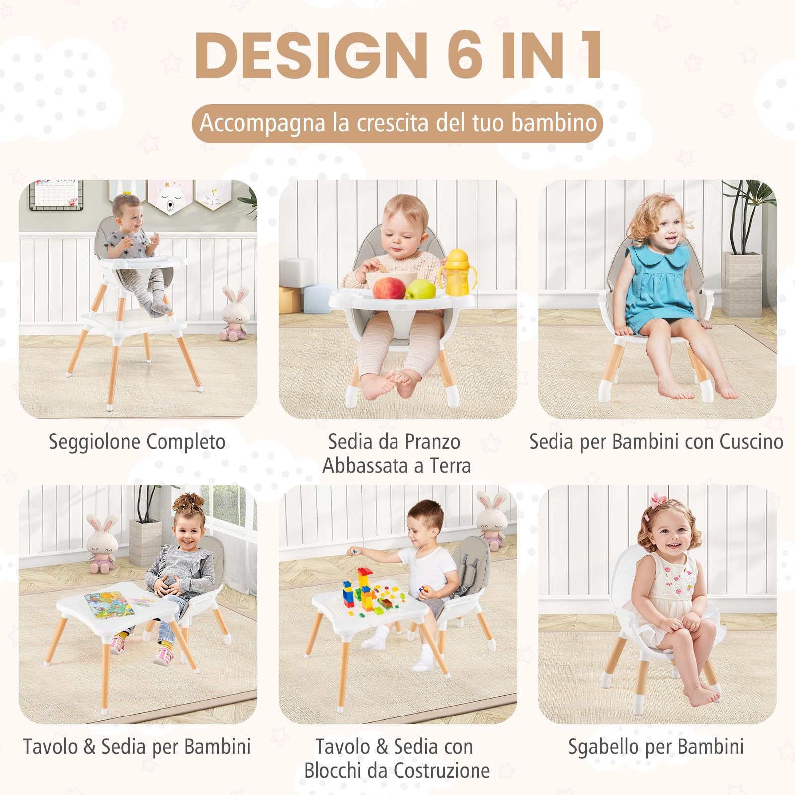 RELAX4LIFE 4 in 1 Seggiolone Pappa, Seggiolone Evolutivo con Vassoio Rimovibile e Cintura di Sicurezza, Altezza Regolabile in 4 Posizioni, per Bambini e Neonati 6-36 Mesi (Standard, Grigio)