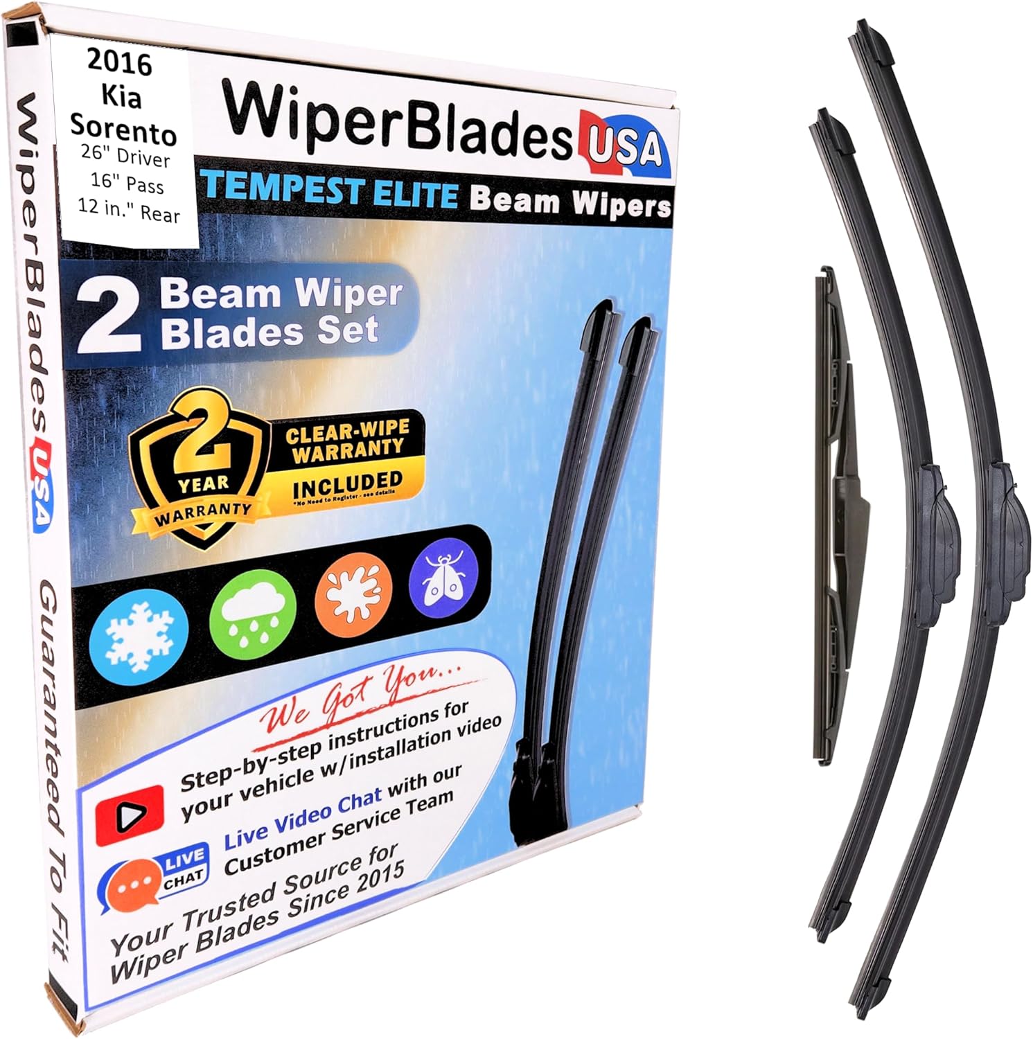 Beam Wiper Blades Set w/2yr Warranty compatible with Kia Sorento 2016 (Set of 3) w/Rear Wiper Tempest Elite Wipers