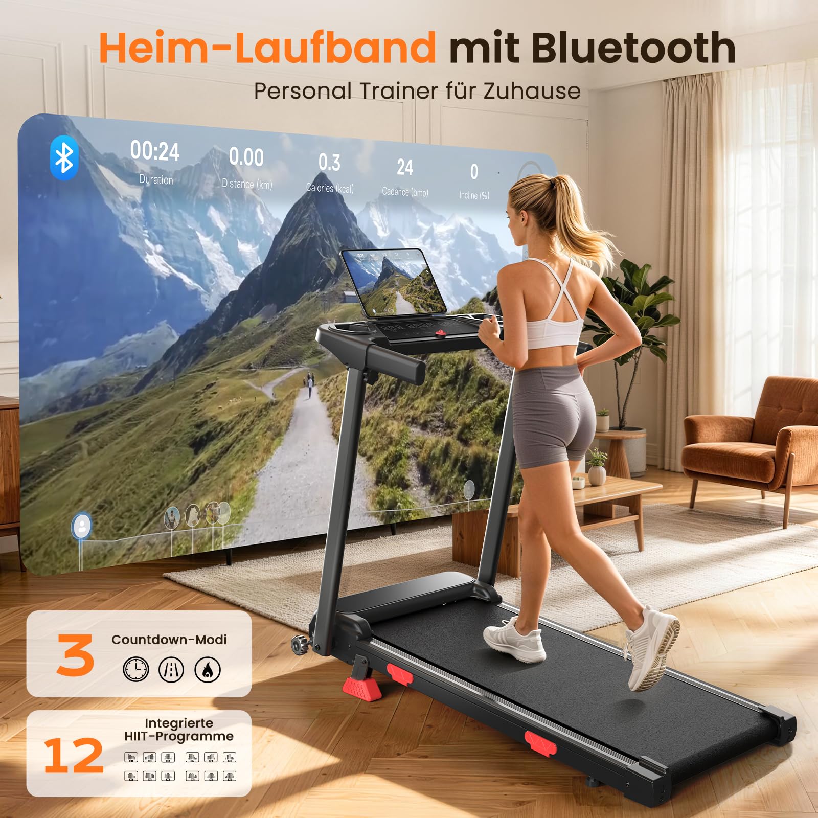 HomeFitnessCode Laufband Klappbar mit Steigung 12KMH - Walking Pad Zuhause | Laufpad mit 12 Vorprogrammen Schwarz Treadmill Walkpad Steigung 180KG Gehband unter Schreibtisch Elektrisch Walking Band