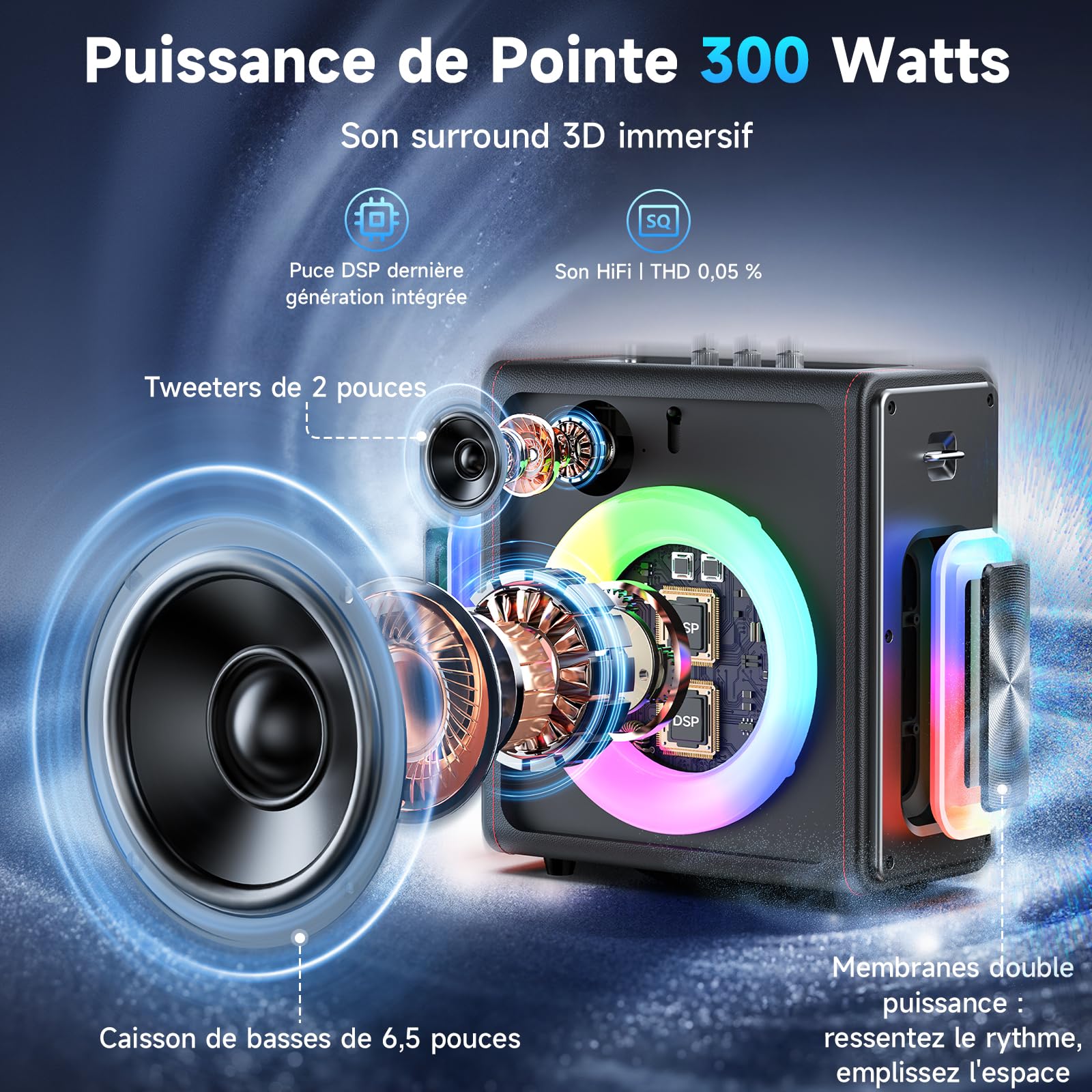 HWWR Enceinte Karaoke 3 Micro sans Fil, Karaoke Adultes Bluetooth 5.3 Portable, 120W PA Système avec Correction de Tonalité & Réglage d'Écho, Karaoké Compatible TWS/Carte TF/USB/AUX/Live/REC