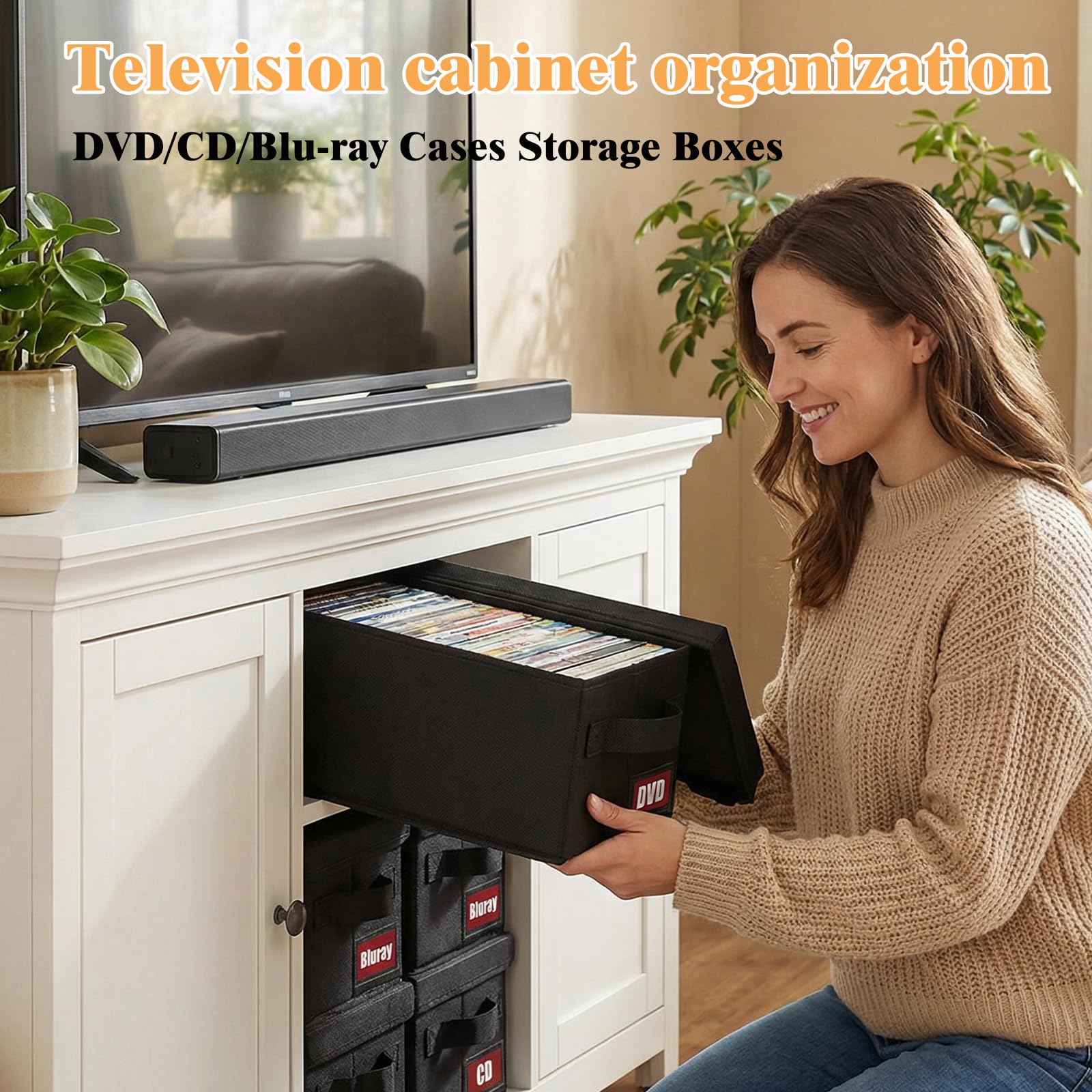Lot de 4 boîtes de rangement pour DVD avec couvercle, empilables en tissu pouvant contenir jusqu'à 104 DVD (26 chacun), également idéales pour ranger des Blu-ray, des boîtiers de jeux vidéo