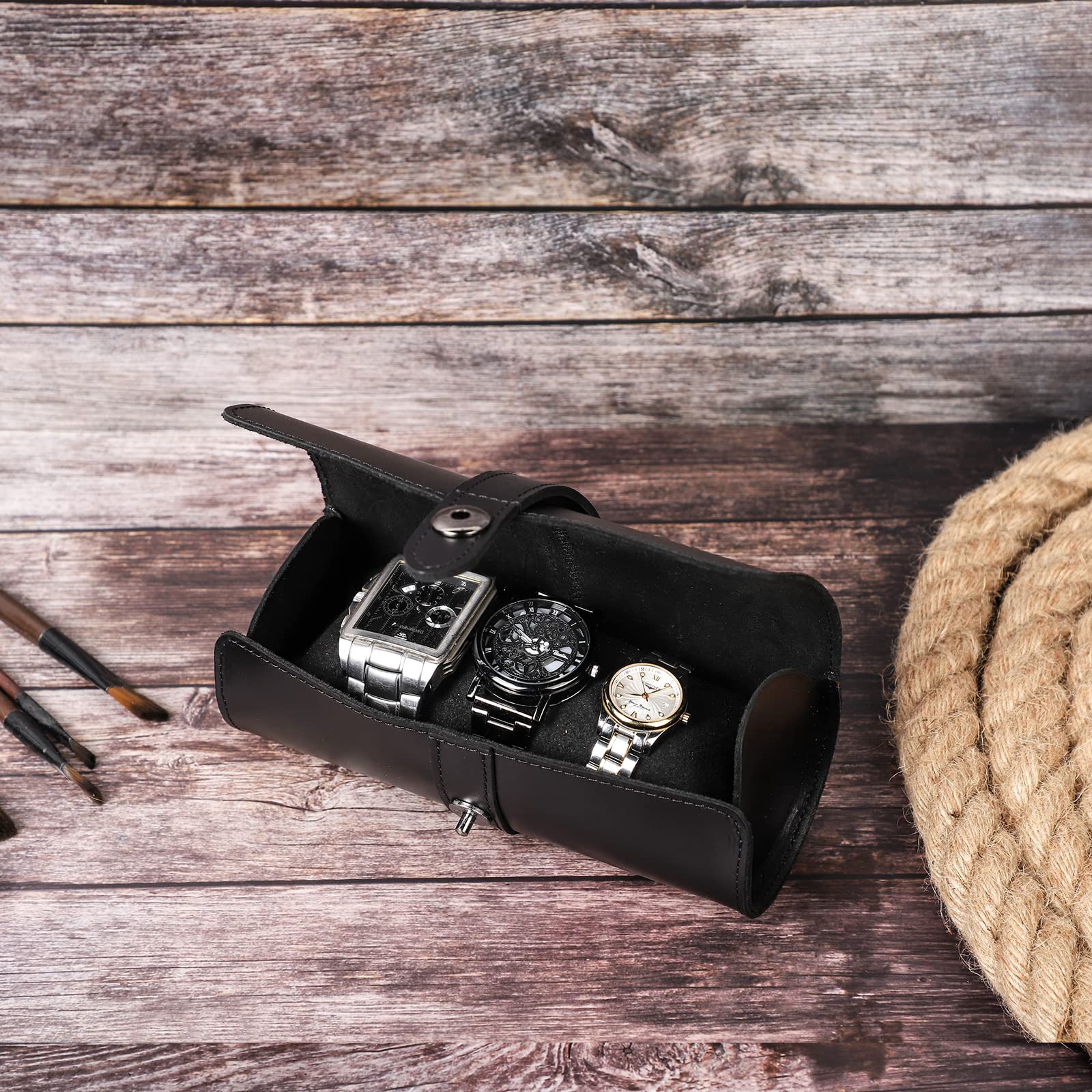 Custodia Viaggio Per Orologi Hiram - 3 Posti, Vera Pelle Crazy Horse, Portatile - Foto 5