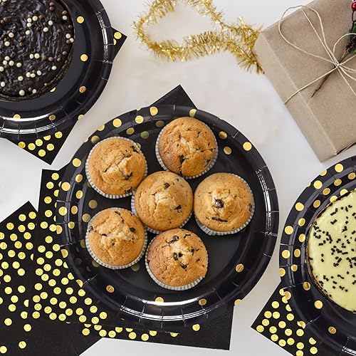 Miniatura 6 de Paquete de 100 platos de papel desechables, platos de papel negro y dorado de 50 x 9 y 50 x 6.5 pulgadas, platos negros y servilletas, suministros