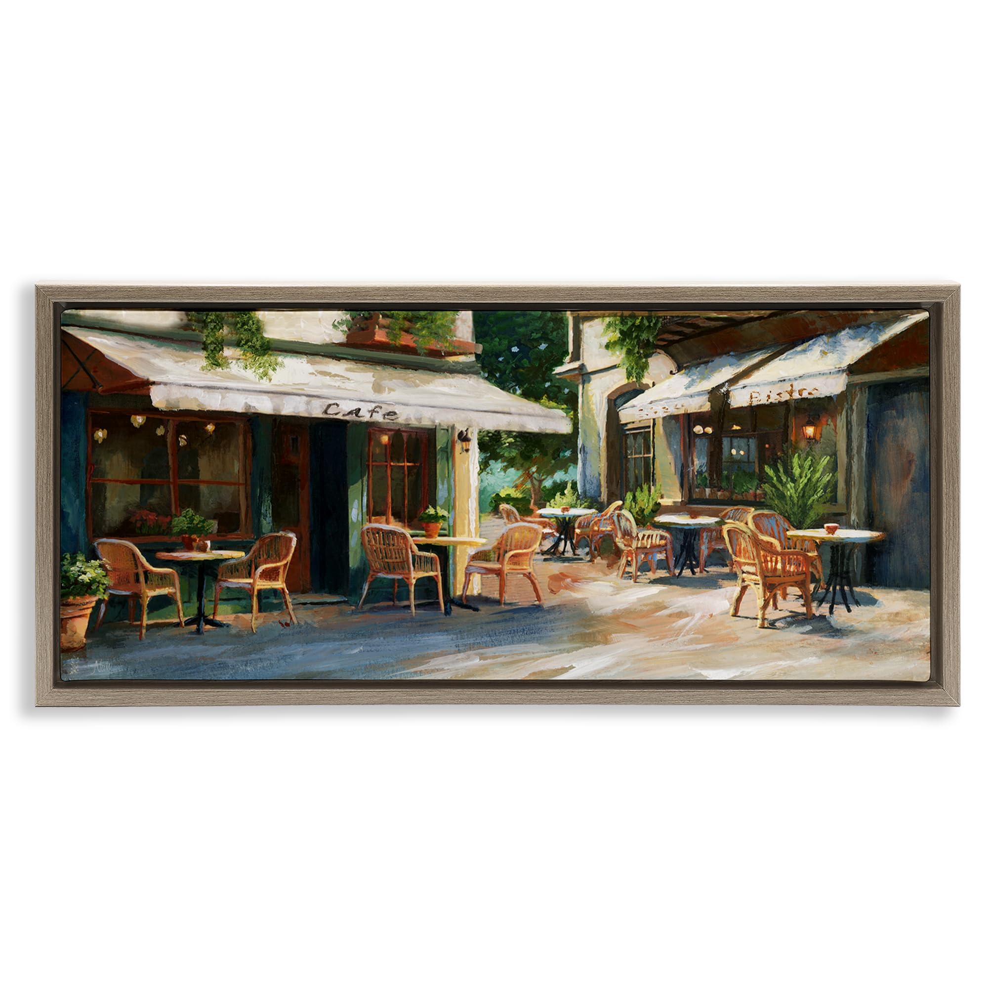 Stupell Industries Montalcino Elm (Textured) 'Sunlit Outdoor Parisian Cafe', Floating Frame Canvas Art, Brown, 25 X 11 Inches, Easy To Hang And Sturdy, Made In Usa, By Nan