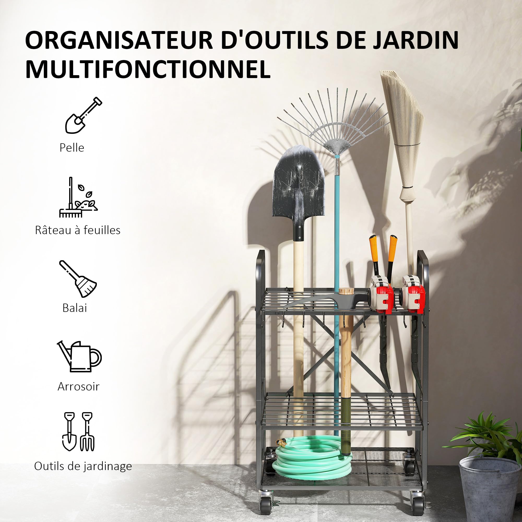 Outsunny Organisateur d'outils de Jardin avec 9 Crochets, Support à Outils de Jardin 40 Compartiments, Porte-Outils de Garage en métal sur roulettes pour sécateurs, pelles, râteaux, Noir