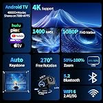 Applaudisseur de miniprojecteur 1080P Complet HD, 4K Projecteur avec 180° Rotation, projecteur portable WiFi 6&Bluetooth 5.2 Support, avec correction automatique de clé, HDMI/USB Connectivité Noir