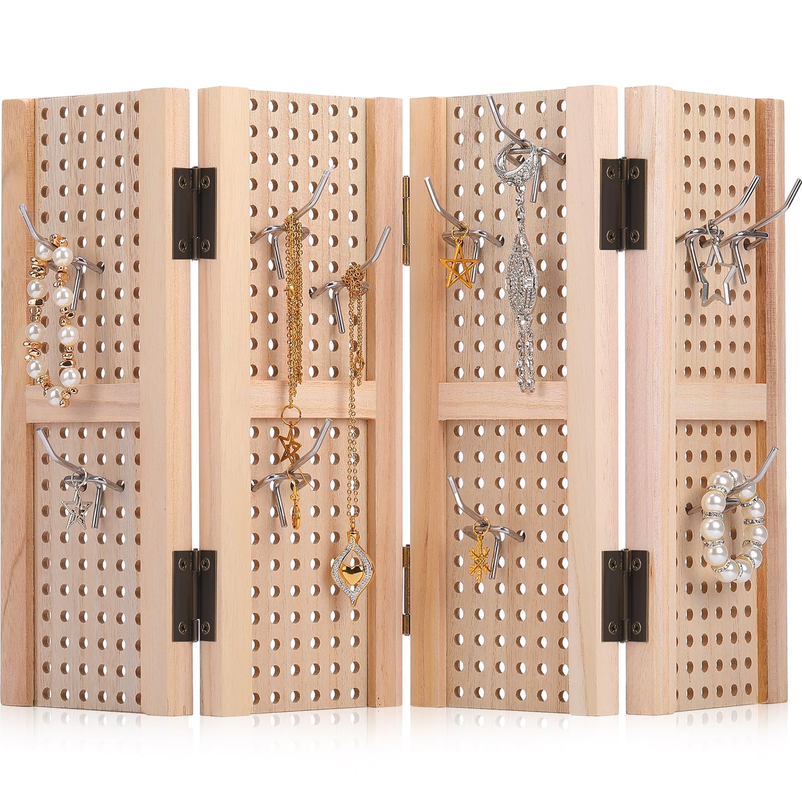 GlikCeil Pegboard Display Stand with 20 Peg Hooks, 4 Panel Wood Portable Retail Display Board for Keychain Supplies