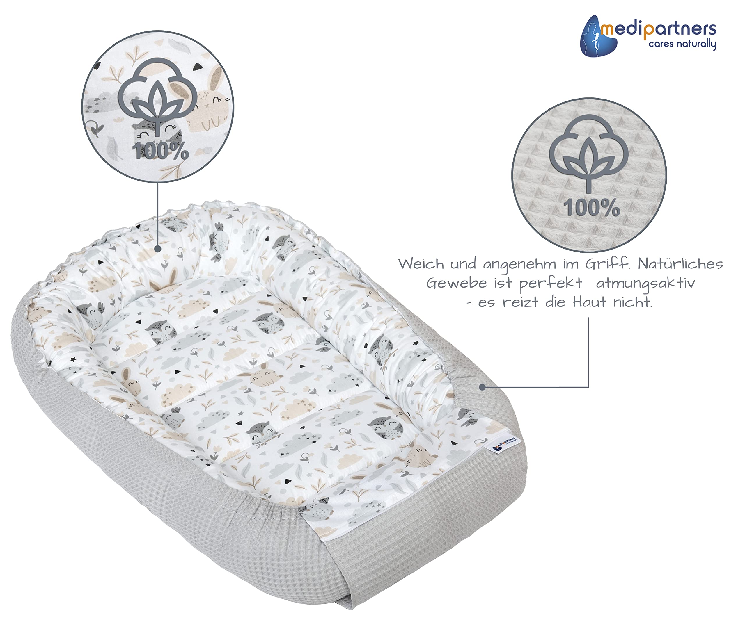 Medi Partners Babynest Nestchen für Neugeborene - 100x60x15 Babynestchen Baby zweiseitg Nest Bett 100% Baumwolle Waffel Kuschelnest tragbar (Lichtung mit Grauer Waffel)