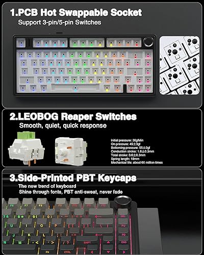 Miniatura 5 de AULA Teclado mecánico inalámbrico F75 Pro, 75% teclado personalizado intercambiable en caliente con perilla, retroiluminación RGB, interruptores