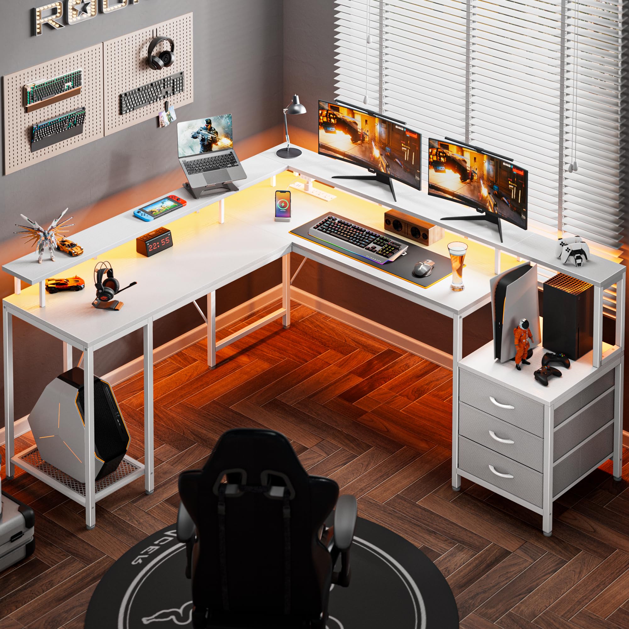 Huuger L Shaped Gaming Desk with LED Lights and Power Outlets, Computer Desk with 3 Drawers, 66.1 Inches Corner Desk, Home Office Desk with Printer and Monitor Stand, Large Storage Space, White