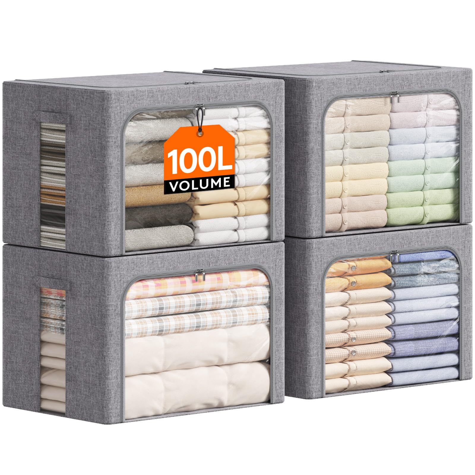 Lifewit 4 pezzi Scatole per Armadio Rigide con Cerniera, Organizzatore Armadio con Struttura in Metallo Pieghevole, Contenitori per Armadio Impilabili per Vestiti, Trapunte, Piumone, Grigio, 100L