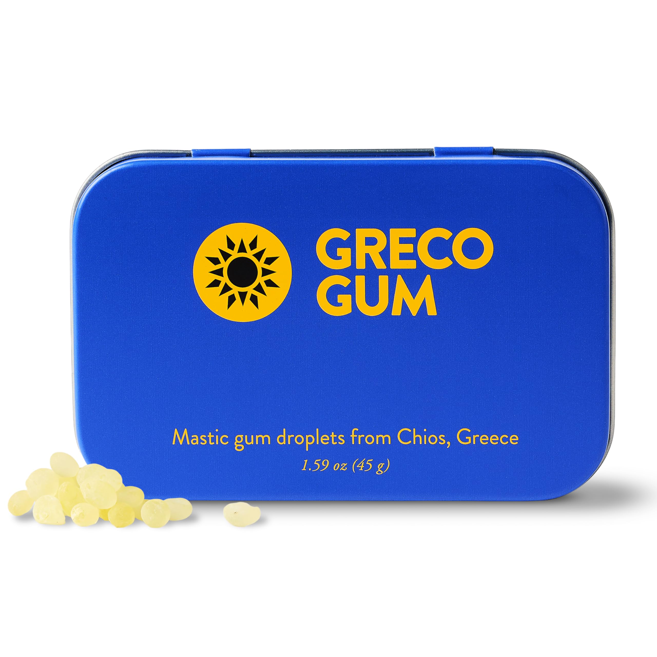 Greco Gum - Mastic Gum Droplets – Small Pieces Hard Chewing Gum for Jawline Training, Digestive Support, Bloating Relief – Piney Flavor, Chios Mastiha – Plastic-Free, Sugar-Free – 1 Tin (1.59 oz)