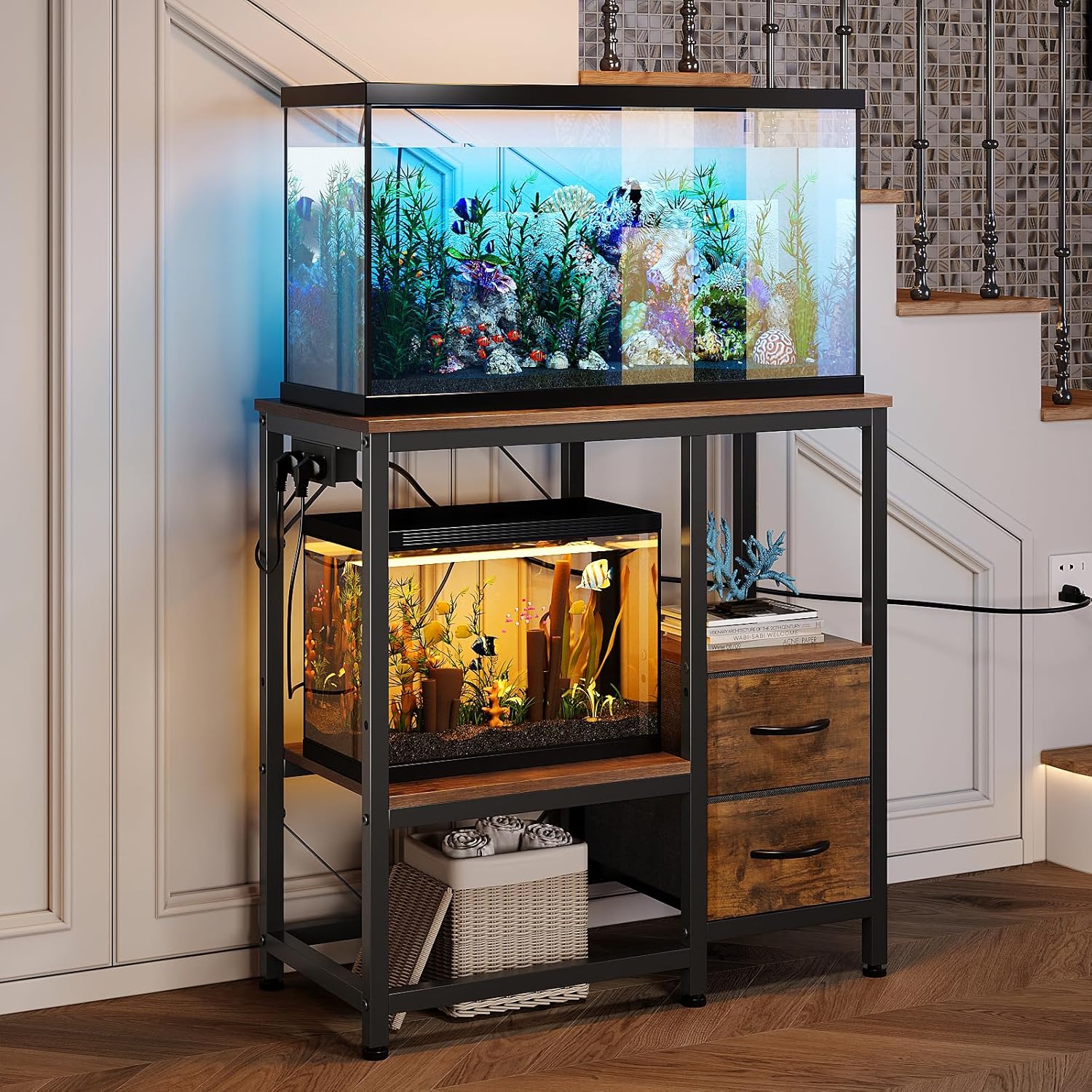 20-29 Gallon Fish Tank Stand with Power Outlet Vintage Metal Aquarium Stand with 2 Fabric Drawers Heavy Duty Reptile Tank Stand with 3-Tier Adjustable Storage Shelves, Left-Right Mounting
