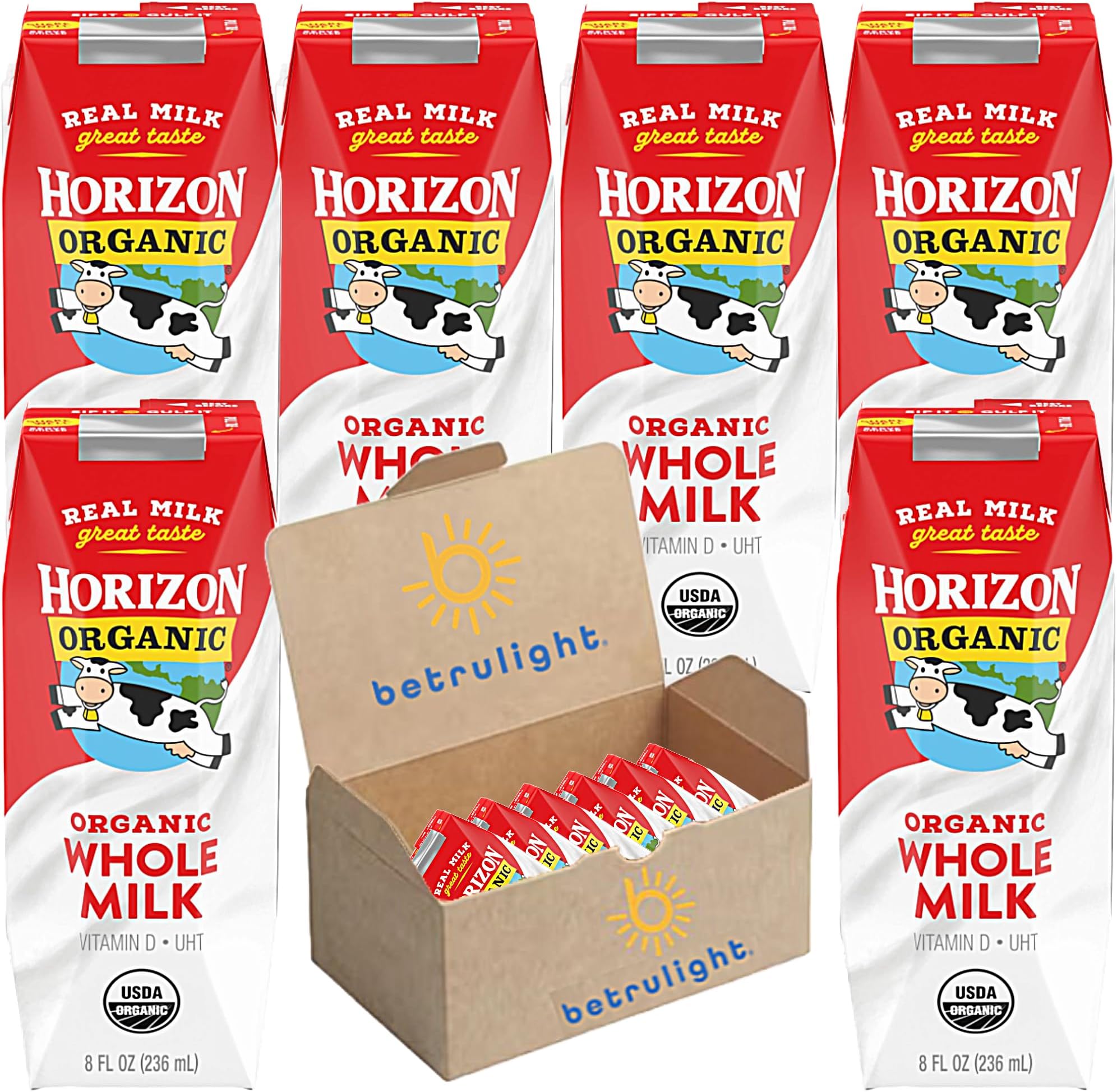 Organic Milk, Horizon Organic Whole Milk | Shelf Stable Milk, Grass Fed Milk Assortment of Plain, Vanilla, Chocolate, & Strawberry, Lowfat On-The-Go Milk Boxes for Kids & Adults| Includes Calcium, Vitamin A, Vitamin D & 8g of Protein, Non GMO Milk 8 Fl Oz Pack of 6 | Every Order is Elegantly Packaged in a Signature BETRULIGHT Branded Box!