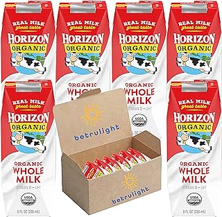 Organic Milk, Horizon Organic Whole Milk | Shelf Stable Milk, Grass Fed Milk Assortment of Plain, Vanilla, Chocolate, & Strawberry, Lowfat On-The-Go Milk Boxes for Kids & Adults| Includes Calcium, Vitamin A, Vitamin D & 8g of Protein, Non GMO Milk 8 Fl Oz Pack of 6 | Every Order is Elegantly Packaged in a Signature BETRULIGHT Branded Box!