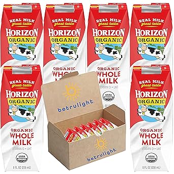 Organic Milk, Horizon Organic Whole Milk | Shelf Stable Milk, Grass Fed Milk Assortment of Plain, Vanilla, Chocolate, Strawberry, Lowfat On-The-Go Milk Boxes for Kids & Adults| Includes Calcium, Vitamin A, Vitamin D & 8g of Protein, Non GMO Milk 8 Fl Oz Pack of 6 | Every Order is Elegantly Packaged in a Signature BETRULIGHT Branded Box!