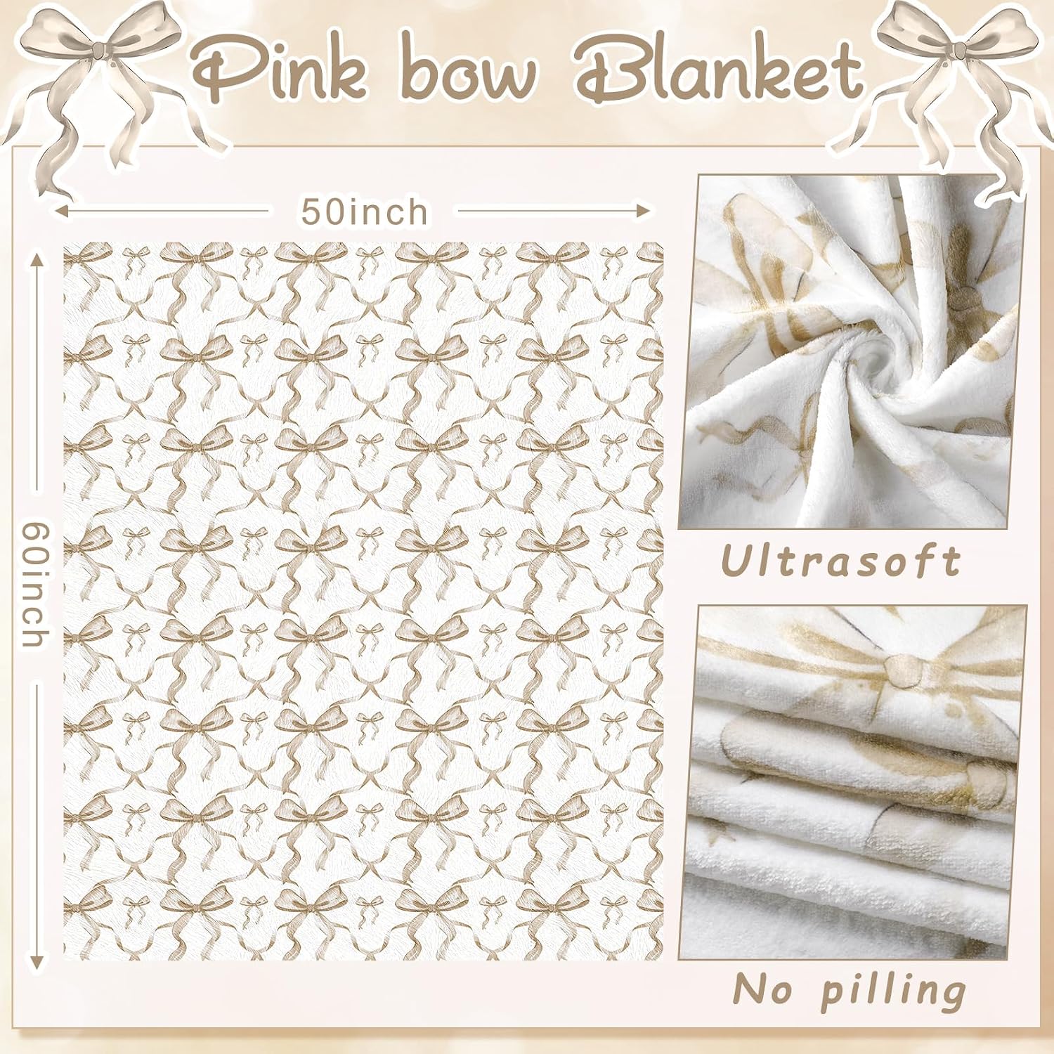 Condition photo showing New/Like New for buryeah beige bow throw blanket valentine's day back to school gifts preppy blanket coquette 50" x 60" flannel soft cute bow lightweight aesthetic room decor for women friends for sofa couch bed
