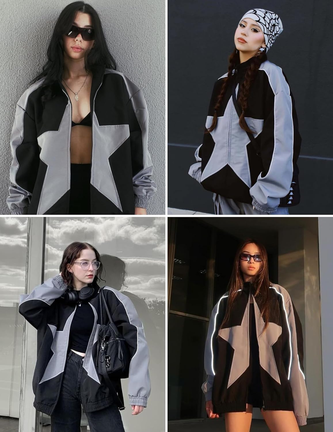 Aelfric Eden Reflective Stripe Star Zipper Jacket Graphic Oversized Lightweight Jacket Casual Comfy Soft Coats