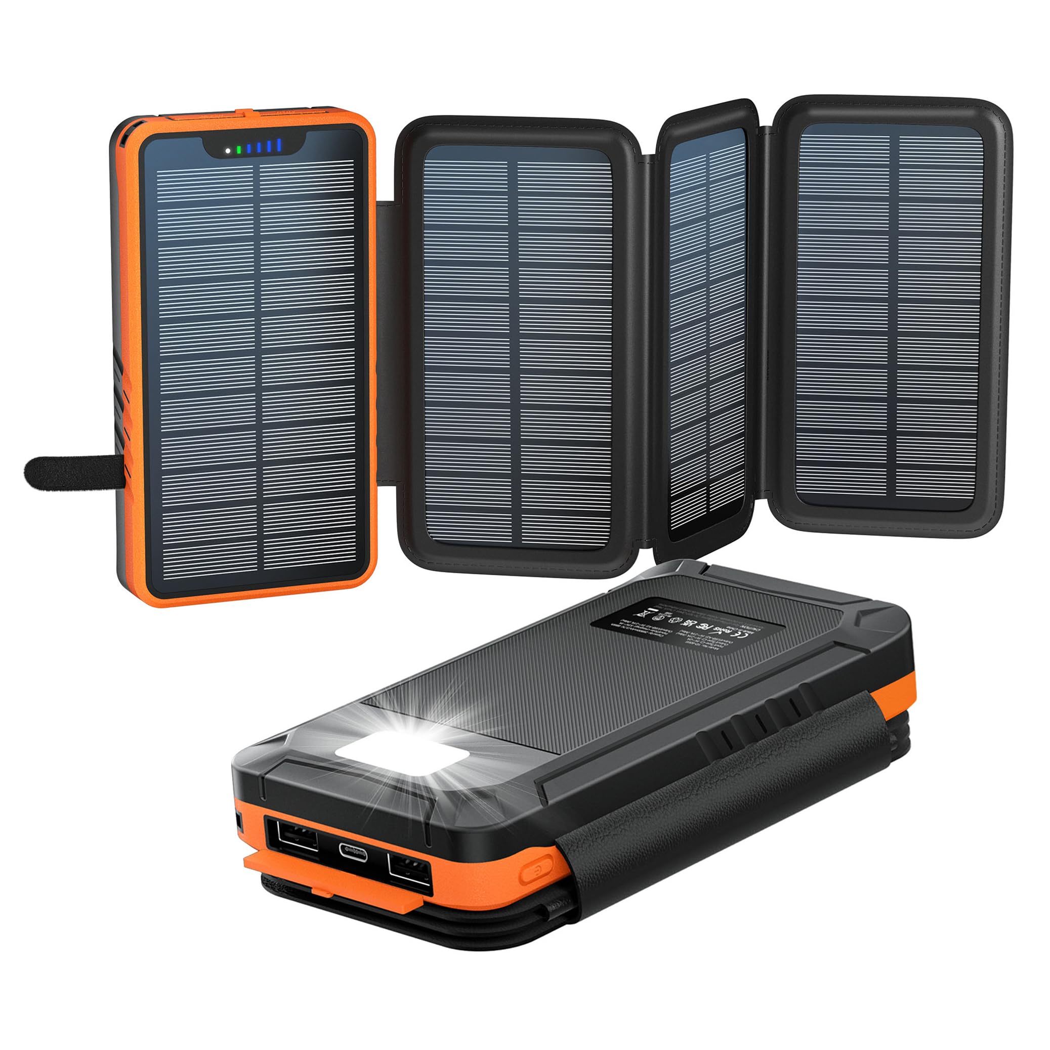 elzle Solar Powerbank 26800mAh, Cargador Solar con 2 Salidas USB-A y 1 Entrada USB-C, batería Externa Resistente al Agua con 4 Paneles solares y Linterna para Smartphones, tabletas, Camping