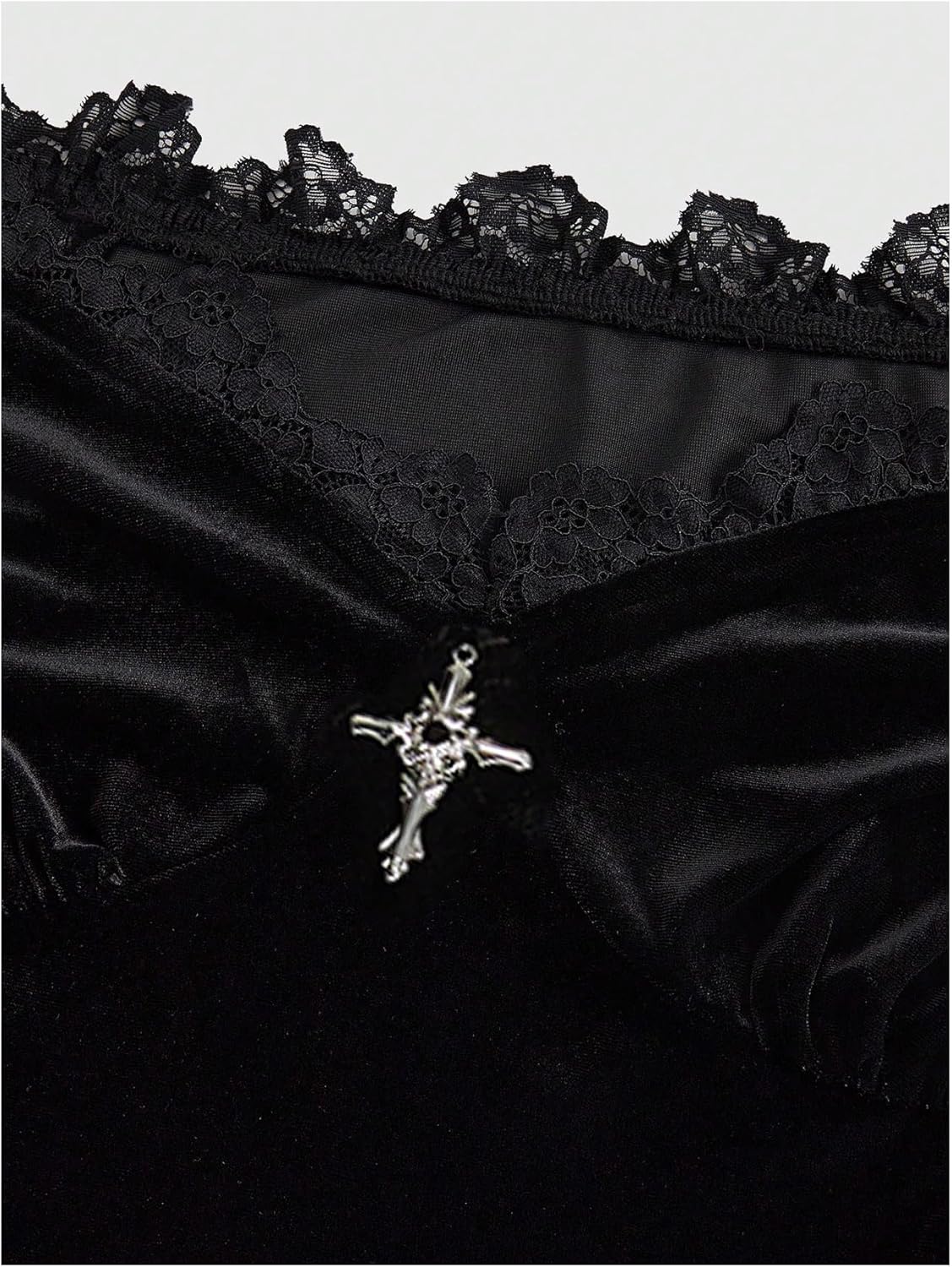 Women's Gothic Off Shoulder Tops Lace Long Bell Sleeve Cross Metal Asymmetrical Blouse Goth Crop Tee Top - Image 3