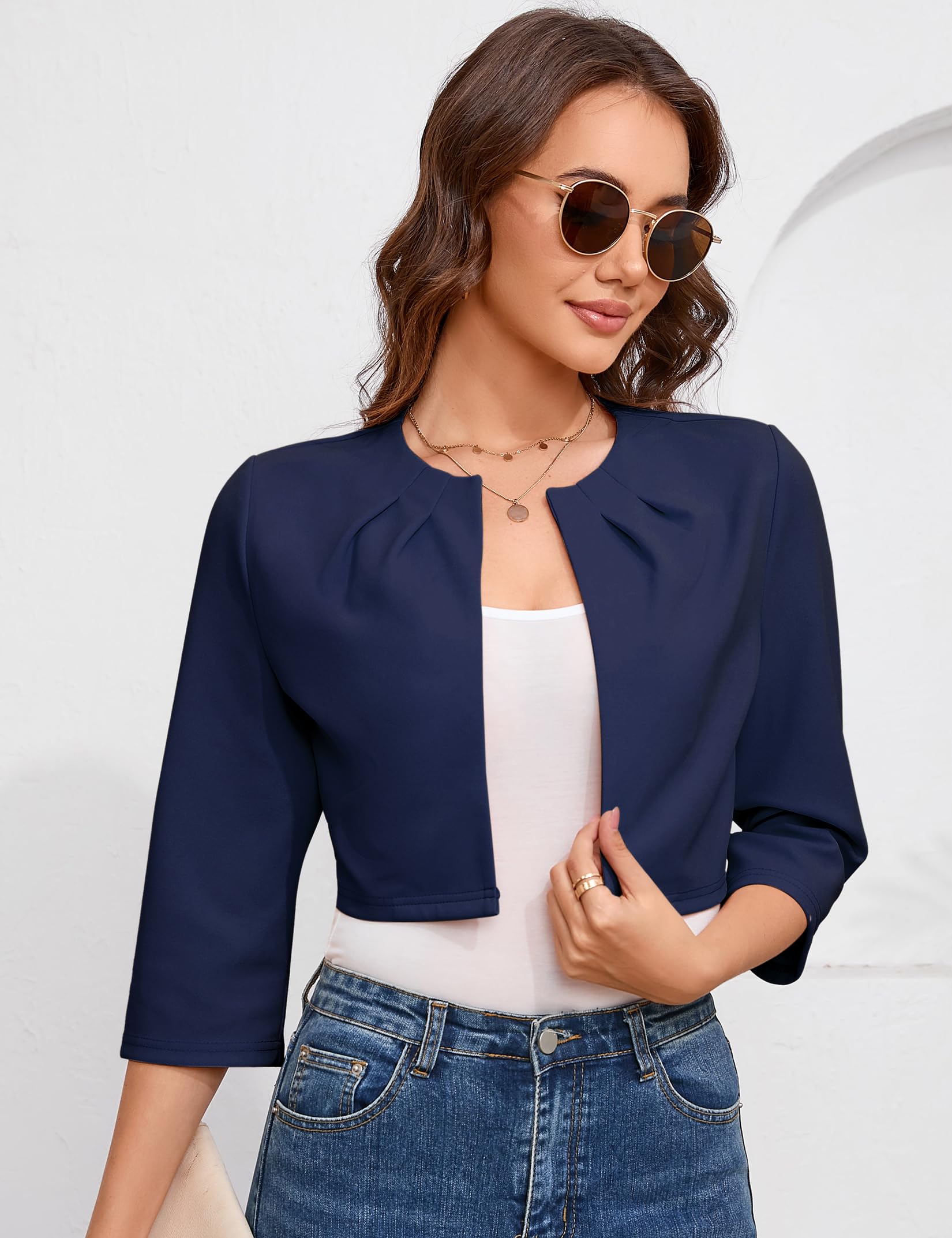 YesFashion Damen Bolero Kurz Blazer Elegant Strickjacke 3/4 Ärmel Festlich Blazer Schulterjacke