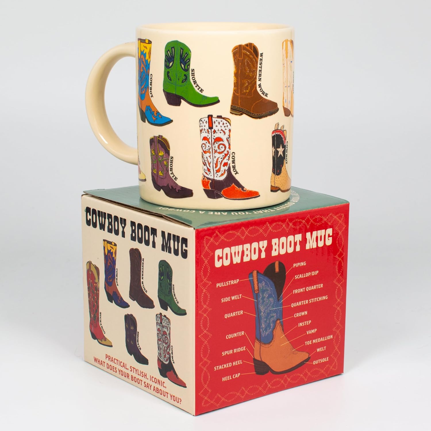 The Unemployed Philosophers Guild Cowboy Boots Mug - Featuring 13 illustrations of Western Footware, Comes in a Fun Gift Box, 12 oz
