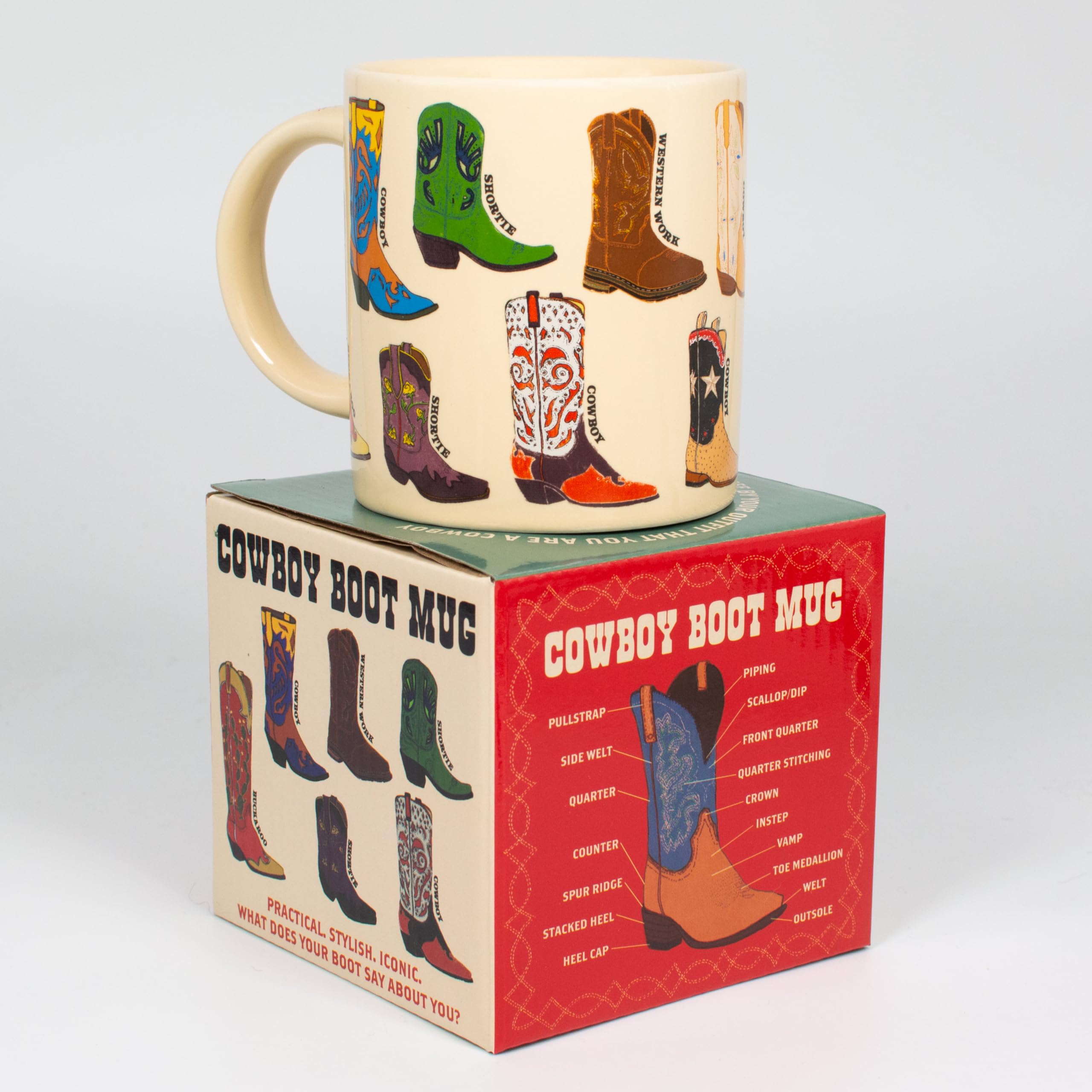 The Unemployed Philosophers Guild Cowboy Boots Mug - Featuring 13 illustrations of Western Footware, Comes in a Fun Gift Box, 12 oz