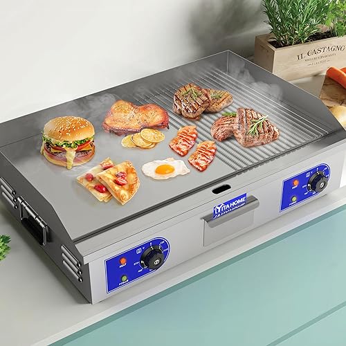 Miniatura 7 de YITAHOME Plancha eléctrica comercial de 29 pulgadas con mango de resorte, control de temperatura dual de 4400 W, plancha plana para encimera,