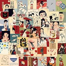 50PCS Japanese Vintage Stickers, Retro Japan Art Vinyl Decals with Traditional Girl Cat and Culture Designs, Waterproof Aesthetic Stickers for Journal Scrapbook Laptop Phone Case