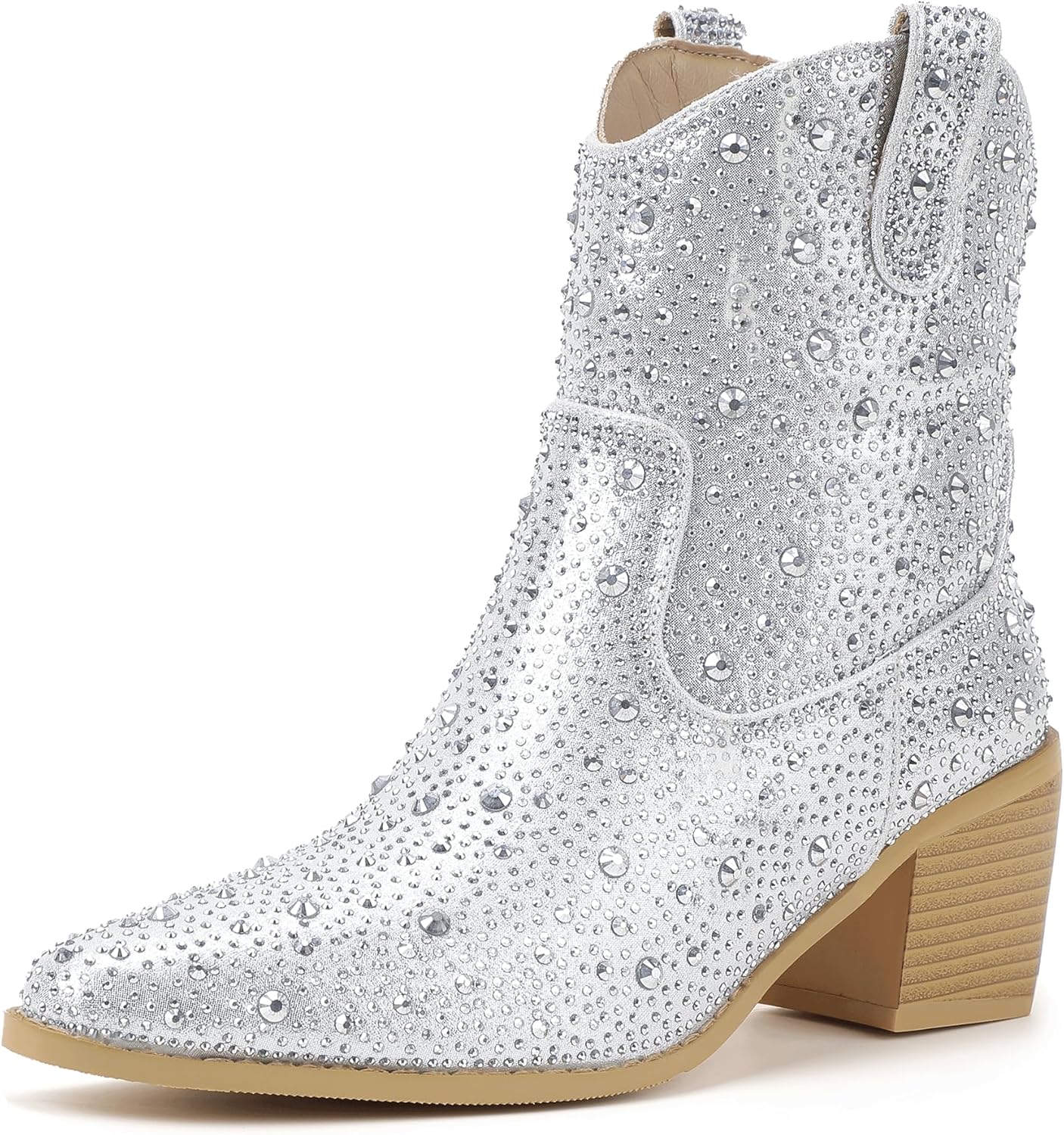 IDIFU IN2 Womens Booties Cowgirl Cowboy Rhinestone Ankle Boots for Women Low Short Block Heel Pointed Toe Slip On Fall Booties Ladies Western Sparkly Glitter Disco Wedding Fashion Dressy Boots