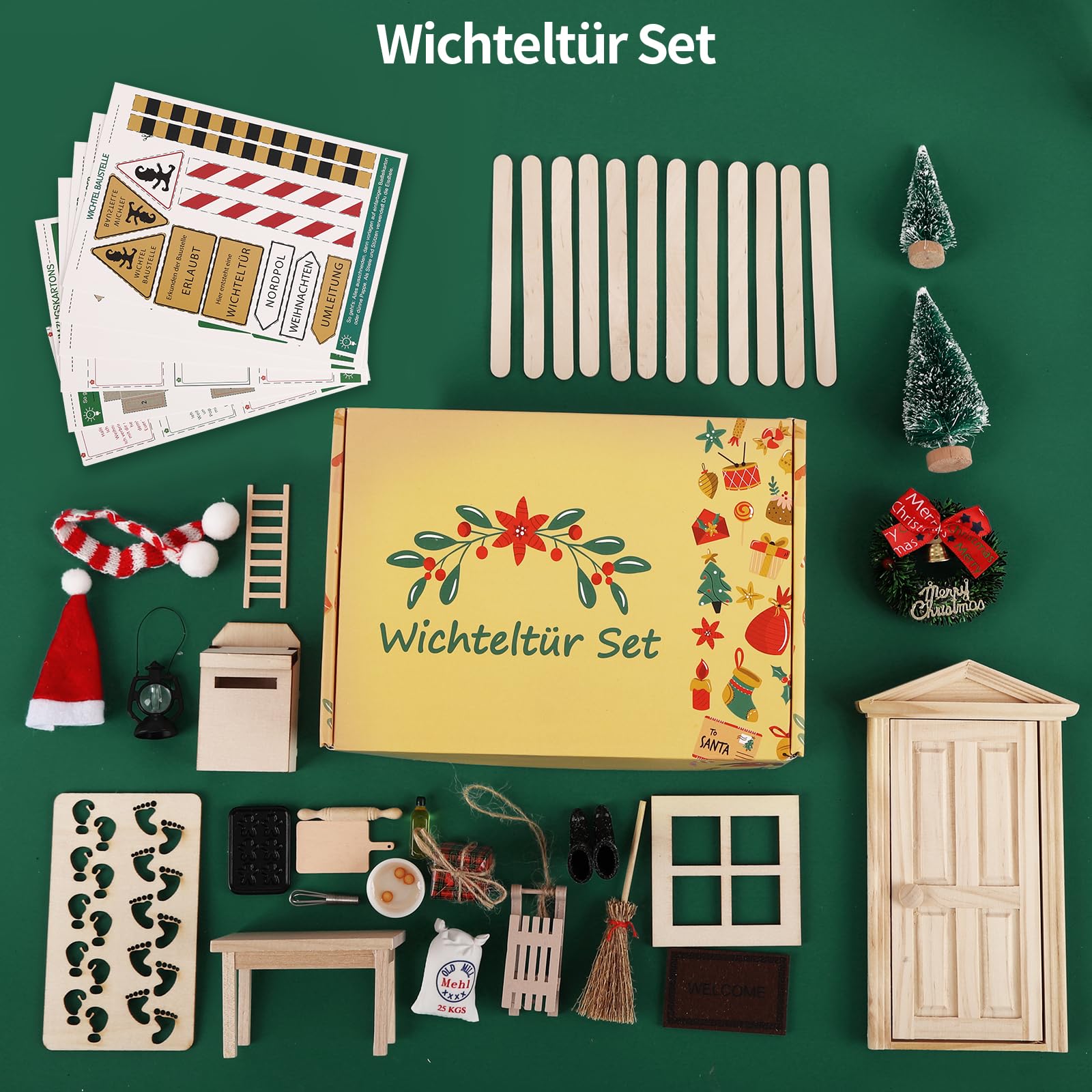 porta elfo natale kit - Set completo di accessori per Babbo Natale, incluso il cantiere in miniatura