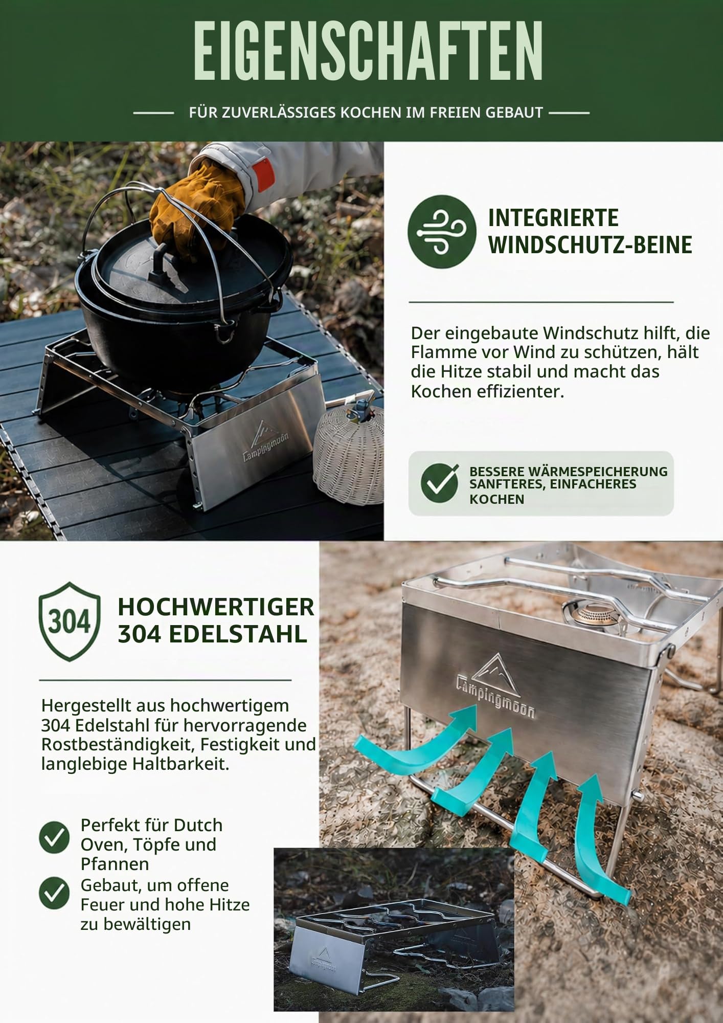 Campingmoon MS-1018 tragbarer Lagerfeuer-Grill aus 304 Edelstahl, für Dutch Oven Kochgeschirr mit Windschutzscheibenbeinen und Tragetasche