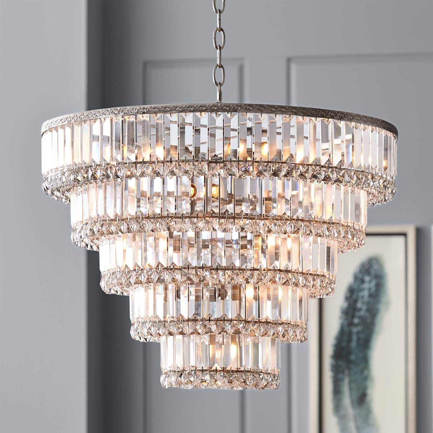 Vienna Full Spectrum Magnificence Satin Nickel Light Fixture Ceiling Chandelier 24 1/2" Wide Glam Faceted Crystal Glass for Dining Room House Foyer Entryway Kitchen Bedroom Living Room High Ceilings