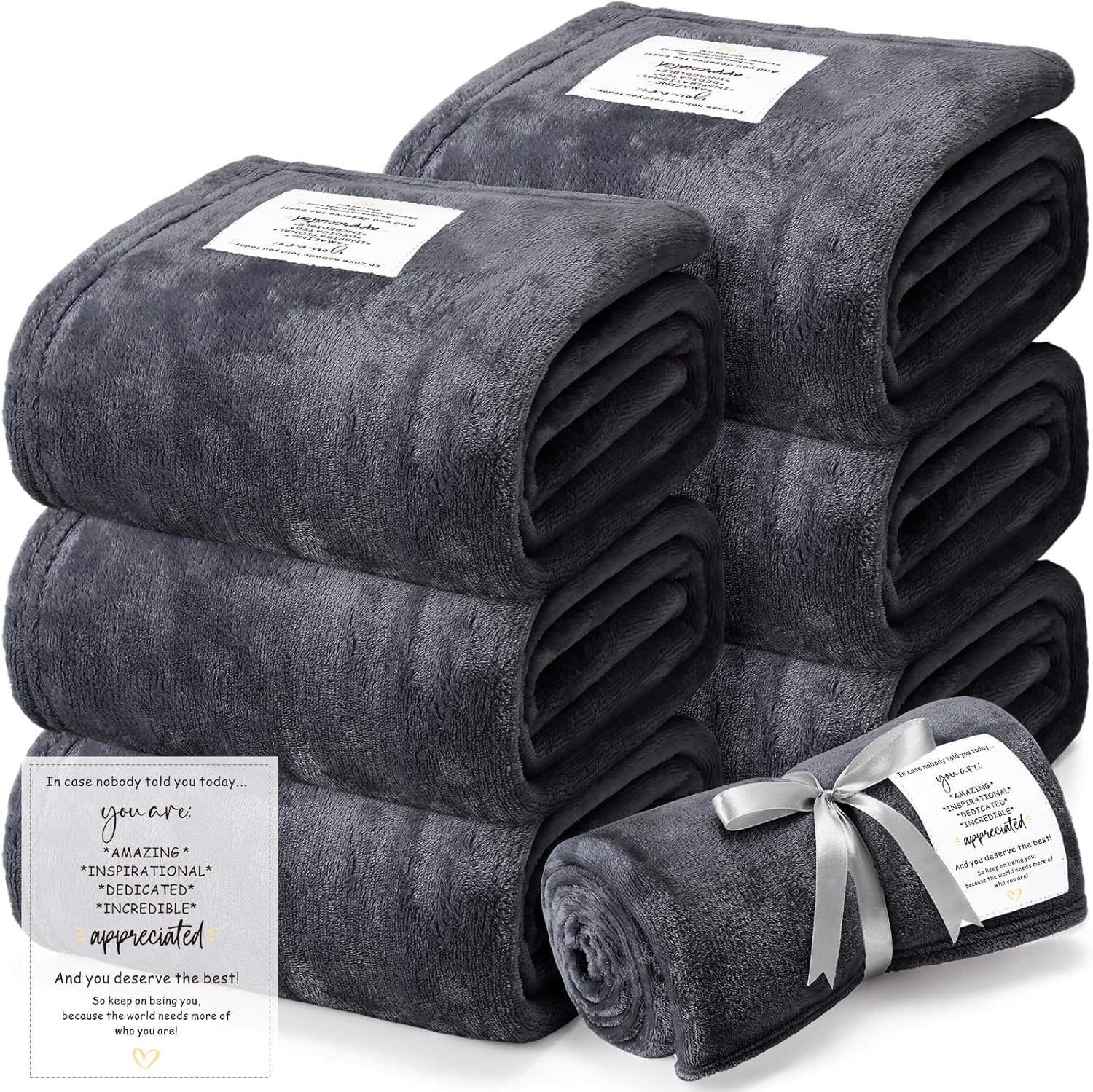 Moukeren 6 Pack Teacher Appreciation Gifts Thank You Blankets Bulk 50 x 60 Inch Fuzzy Cozy Blankets with Inspirational Quote Flannel Throws for Teachers Nurses Retirees Soldiers(Navy, Difference)