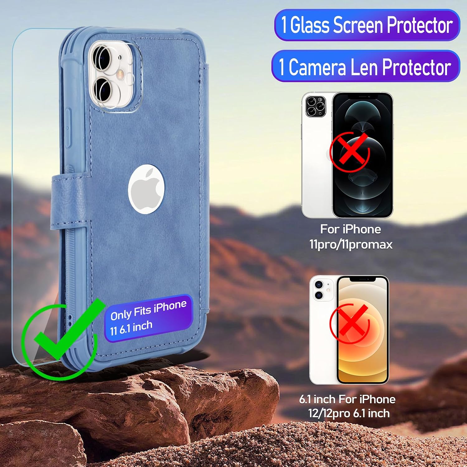VANAVAGY Compatible for iPhone 11 Wallet Case for Women Men, PU Leather Flip Phone Cover with Wrist Strap for Wireless Charging with RFID Blocking Card Holder Screen Protector,Blue