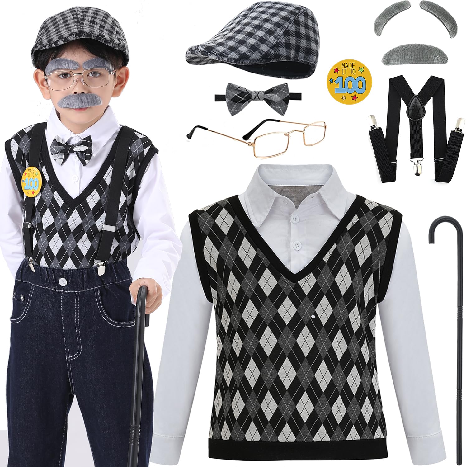 Z-Shop Old Man Costume for Boys 100th Day of School Kids Grandpa Old Person Vest with Hat