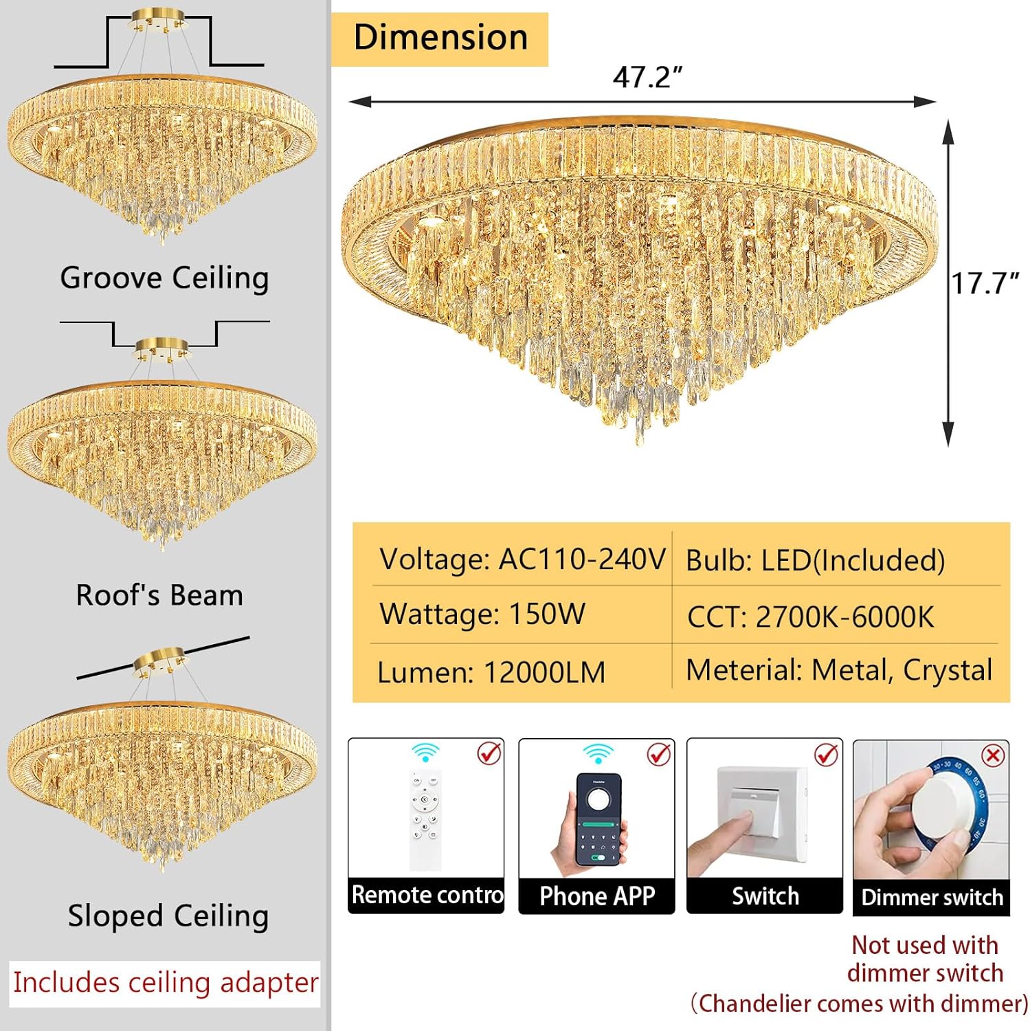 Modern Crystal Chandeliers LED Dimmable Flush Mount Ceiling Chandeliers for Living Room High Ceiling Entrance Foyer Lobby Bedroom Gold
