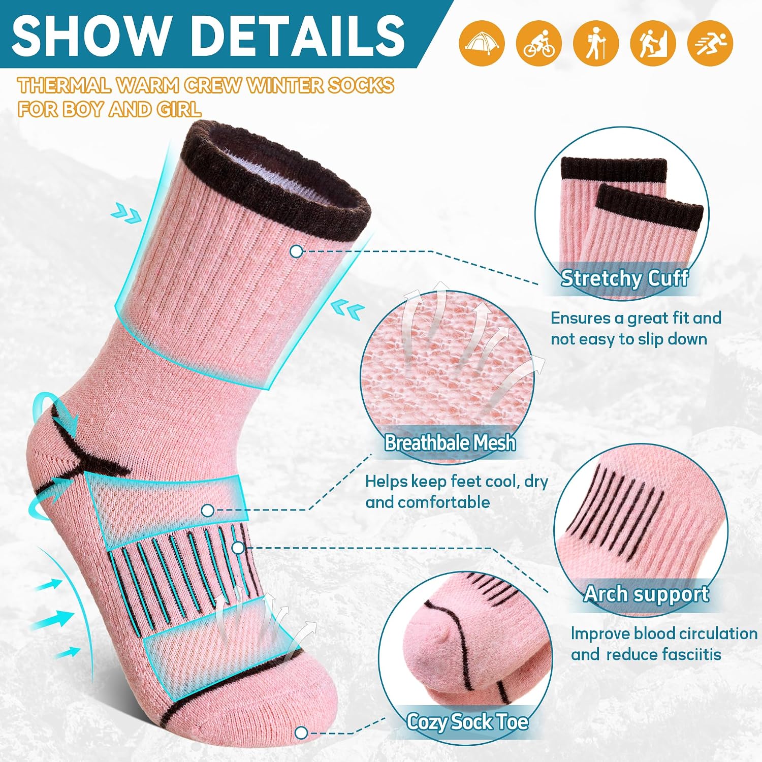 Eocom Kids Merino Wool Hiking Socks Toddlers Boys Girls Thermal Warm Winter Cushion Moisture Wicking Boot Crew Socks 6 Pairs