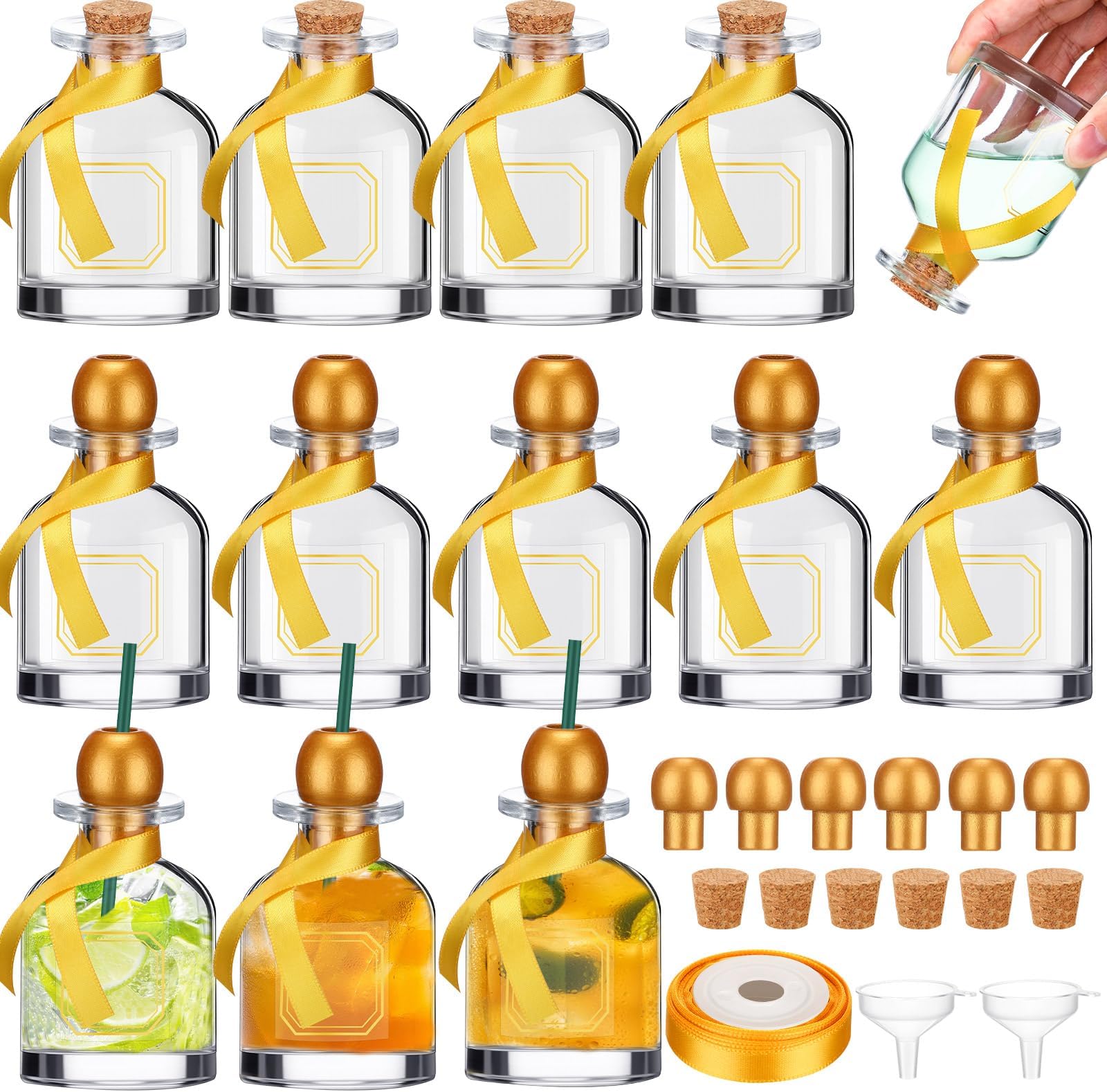 12 Pcs Empty Liquor Bottles with Straw Mini Tequila Bottles for Drinks Reusable Shot Glass Cups with Green Ribbon for Bee Birthday Wedding Party Favor Personalized Decoration(Gold,100 ml)