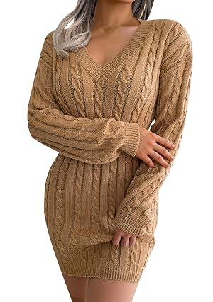 TYQQU Women V Neck Long Sleeve Knit Dress Stretchable Elasticity Twist Sweater Slim Bodycon Sweater Dress