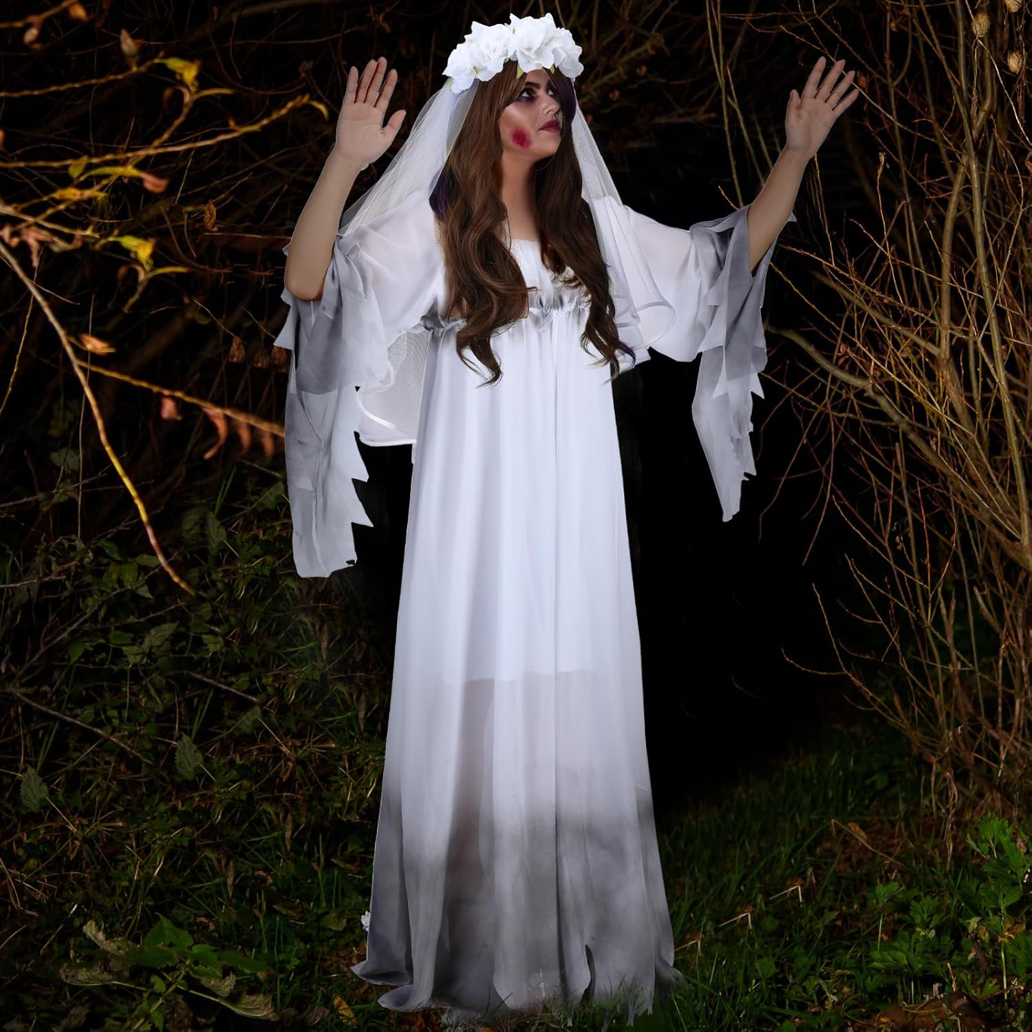 Mepase Halloween Women Gossamer Ghost Costume Gothic Victorian Fancy Dress White Flower Headband Veil and Face Body Paint for Dress up Cosplay Makeup Party - Image 5