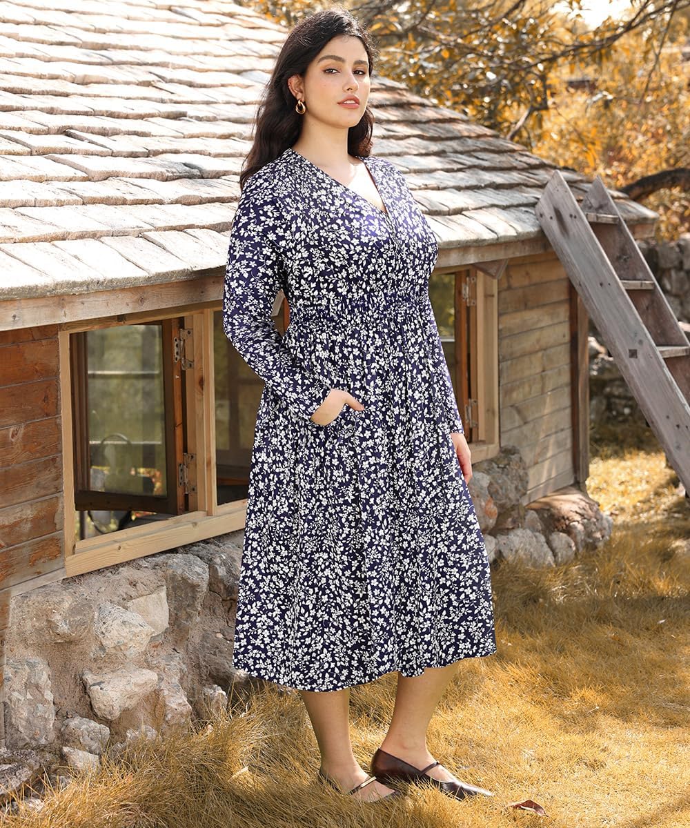 CARCOS Plus Size Dresses for Curvy Women V Neck Fall Maxi Dress Long Sleeve Floral Boho Dress Smocked Waist Party Dress - Image 3