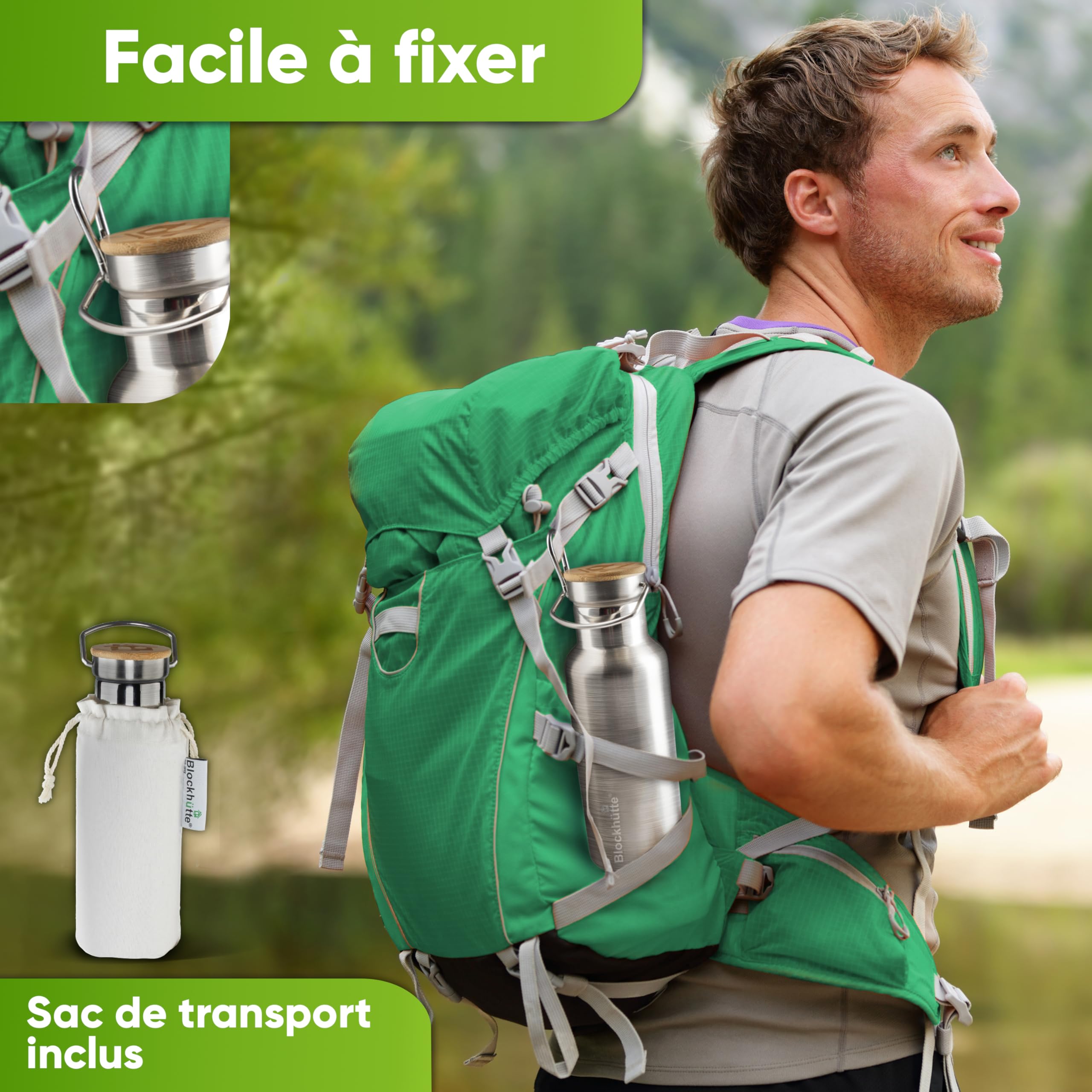 Blockhütte gourde isotherme personnalisée en acier inox, bouteille isotherme 1l, bouteille d'eau anti-fuite, gourde thermos passe au lave-vaisselle I pour école, bureau, enfants, adultes