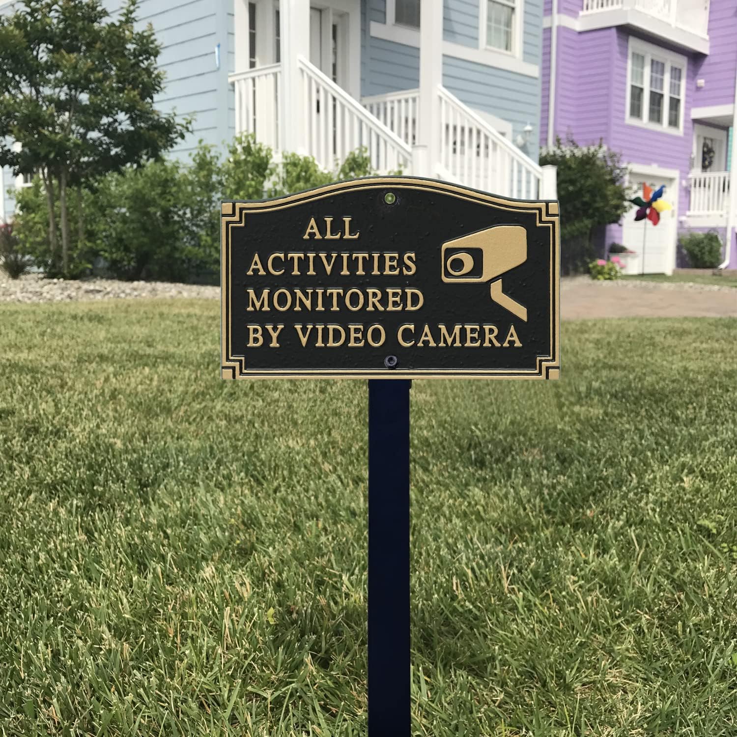 SmartSign “All Activities Monitored By Video Camera” GardenBoss Statement Plaque | 5.75" x 9.5" Aluminum Plaque with 18" Black Lawn Stake, Made in USA