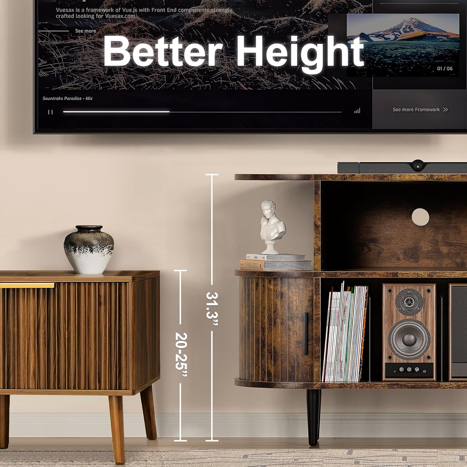 Large Record Player Stand with Storage and Shelves, Mid Century Modern Record Player Cabinet with Doors, Vinyl Record Player Table Holds 150+ Records for Living Room Bedroom (Brown)